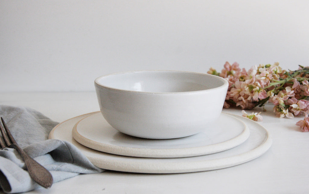 Dinnerware Set with Low Profile Bowl on Display in Classic White